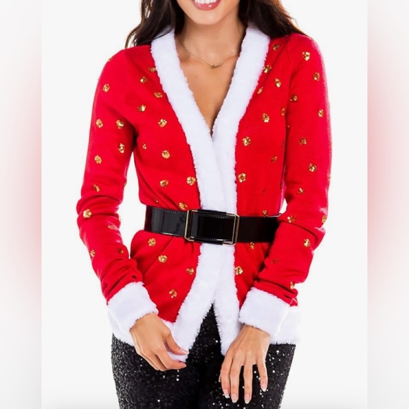 EUC Tipsy Elves Classic Mrs. Claus Christmas Cardigan sweater & belt set - Picture 1 of 10